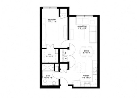 Floor plan for 1 bed, 1 bath, 766 sqft